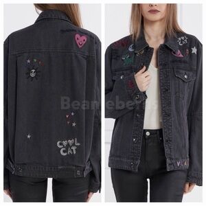 NWOT Zadig & Voltaire Kasy Denim Jean Jacket Dark Gray Patches Size L